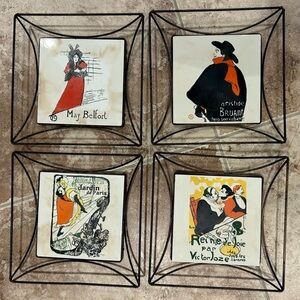 RARE Henri Toulouse Lautrec Set Of 4 Tiles (6”) With Metal Wall Brackets (9”).